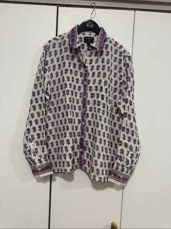 J. Crew Tops - J. Crew White Shirt with Purple Floral Motif and Trim